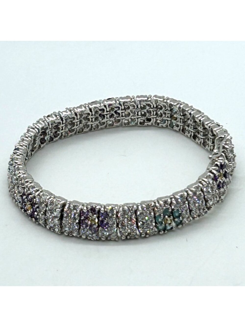Vintage Rhinestone Tennis Bracelet Multicolor Flower Design W/ Safety Clasp 7.5" - Picture 2 of 16